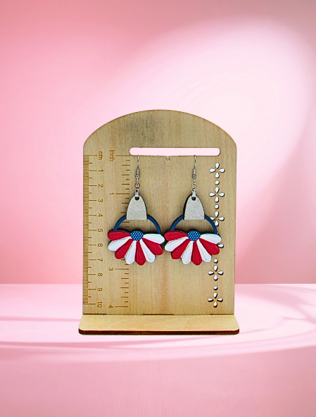MDF and Faux Leather-Round Sunflower Shaped Sublimated Earrings 1.5 inch Patriotic