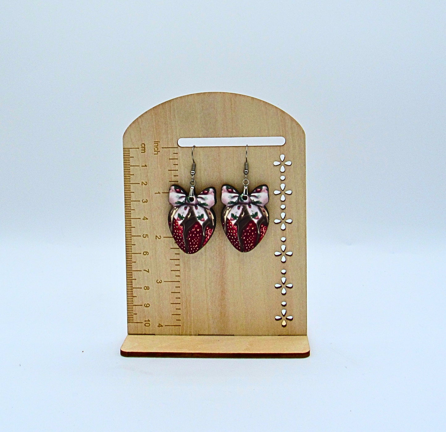 MDF-Strawberry with Bow Shaped Sublimated Earrings 1.5 inch
