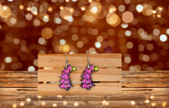 MDF- Whimsical Christmas Tree Shaped Sublimated Earrings 1.5 inch