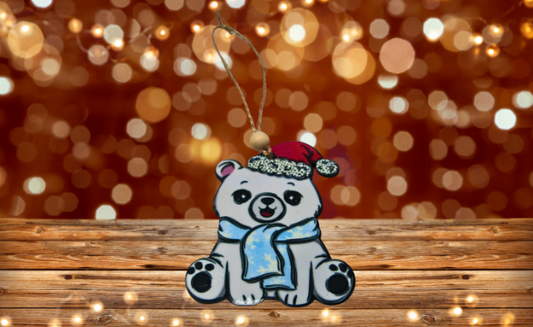 MDF- Polar Bear Sitting Shaped Sublimated Ornament White