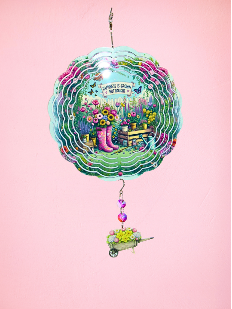 8 inch Sublimated Wind Spinner with Sublimated Dangle Wheelbarrow