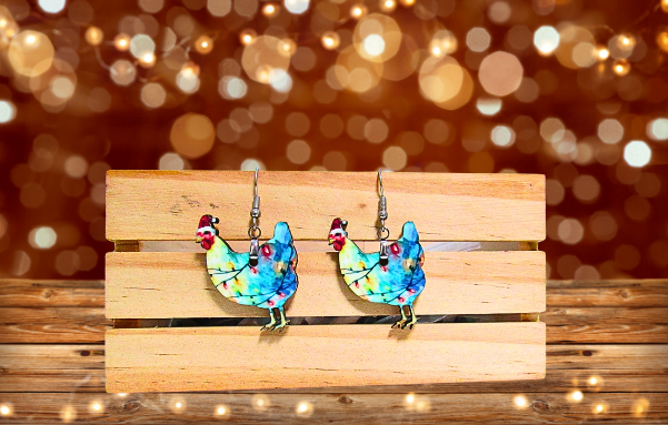 MDF-Santa Hat Chicken Sublimated Earrings 1.5 inch